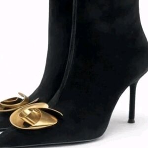 Zara Black Suede Ankle Boots with Gold Rosette